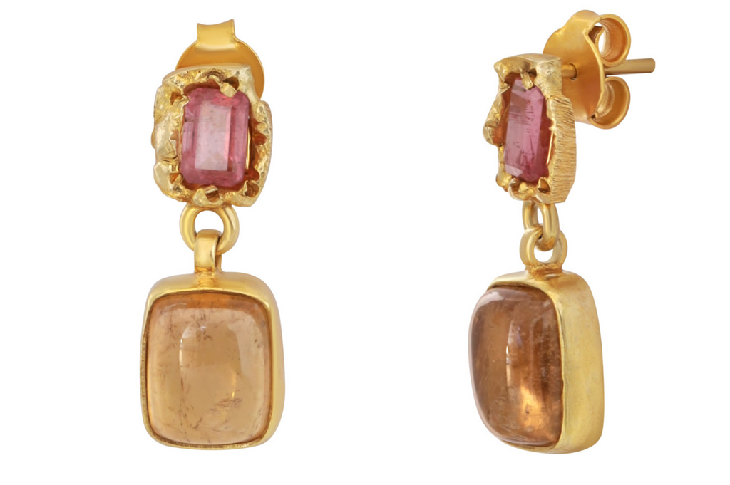 Pink And Amber Tourmaline Double Drop Earrings