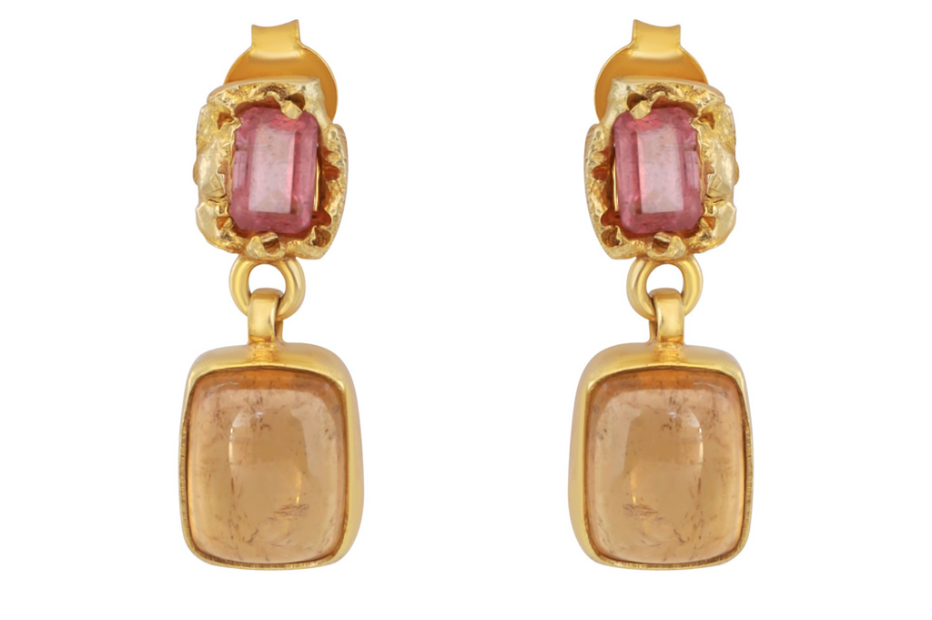 Pink And Amber Tourmaline Double Drop Earrings