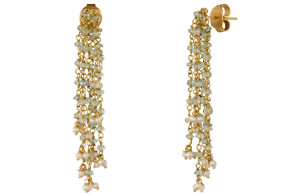 Fine Gold Waterfall Earrings With Aquamarine And Pearl