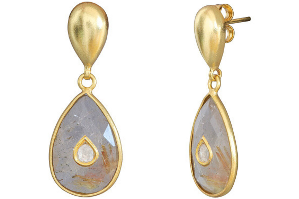 Betel Leaf Rutile Quartz & Diamond Jadau Earrings