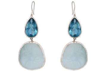 Carved Aquamarine And Faceted Flourite Double Drops