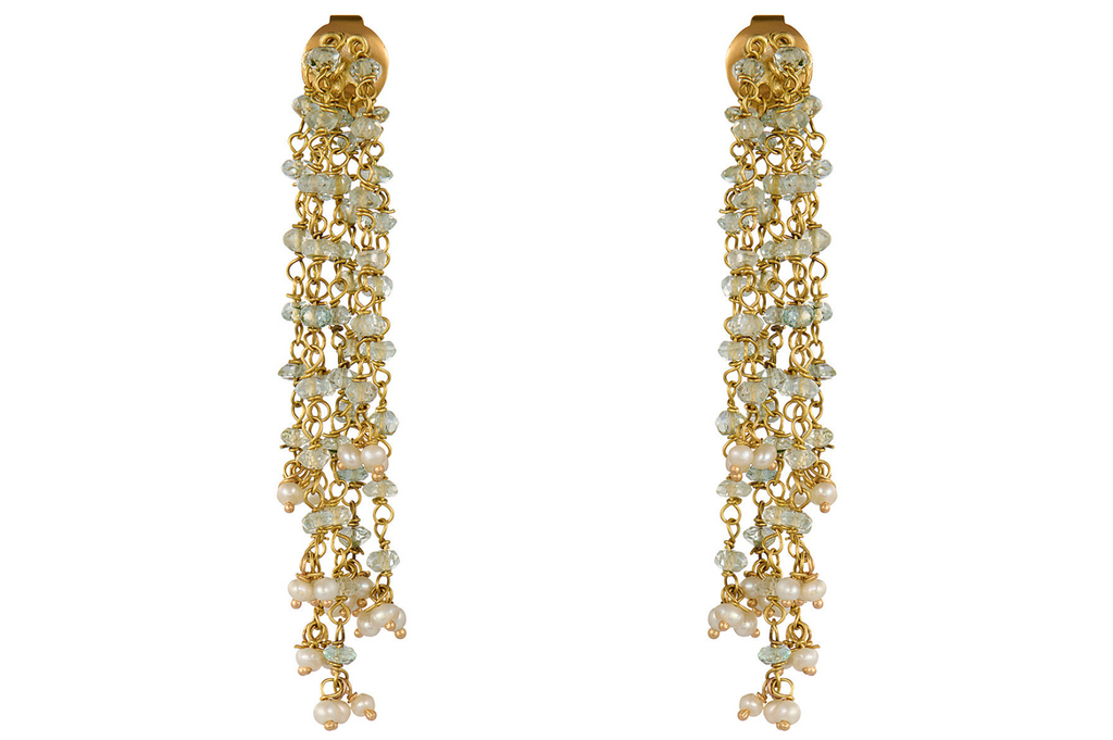 Fine Gold Waterfall Earrings With Aquamarine And Pearl