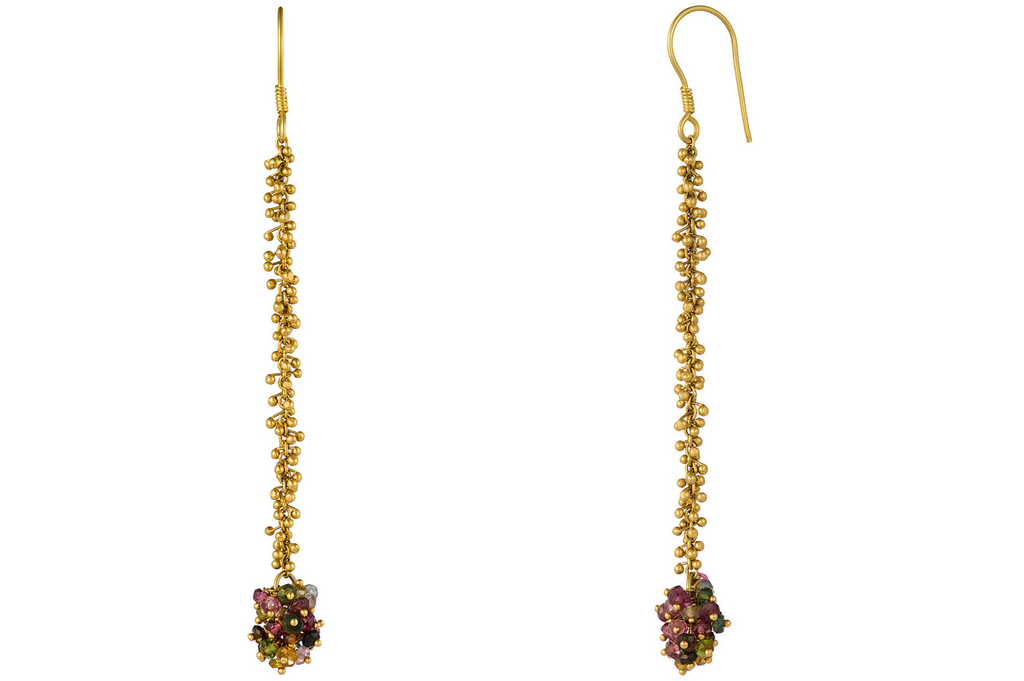 Fine Gold Beaded Drop Earrings With Tourmaline Cluster