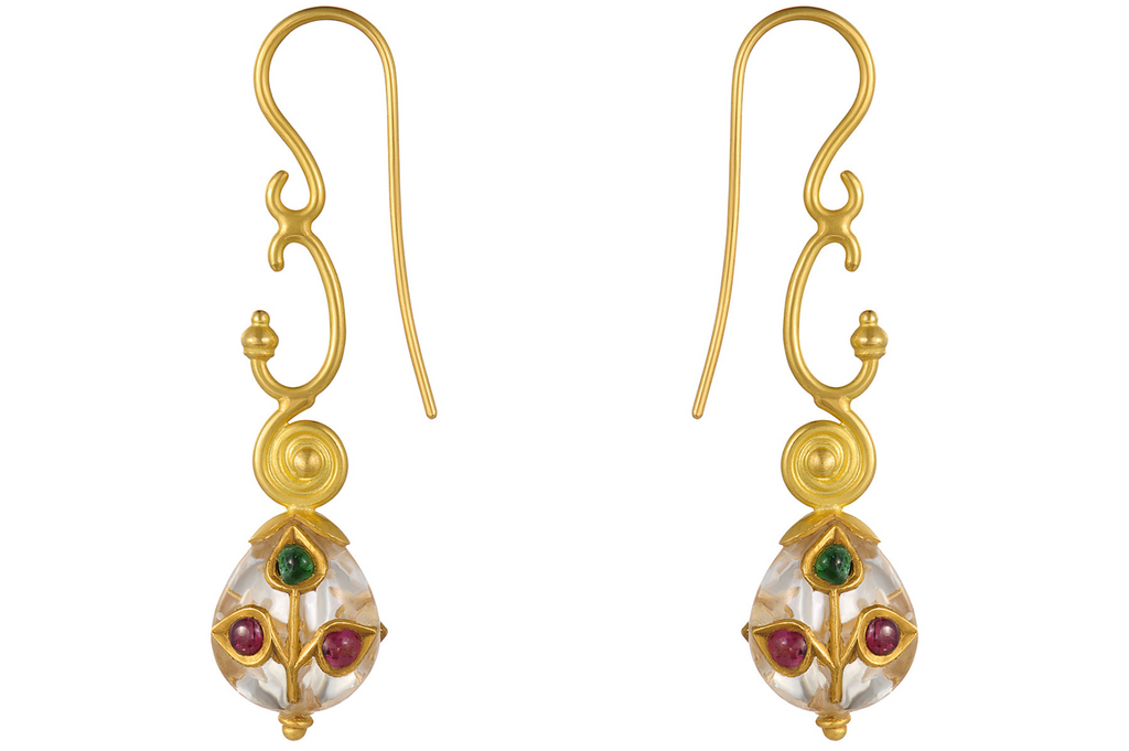 Fine Gold, Rock Crystal & Jadau Work Drop Earrings