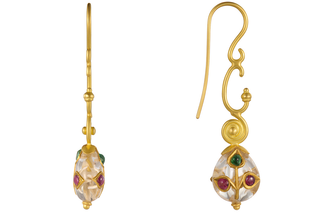 Fine Gold, Rock Crystal & Jadau Work Drop Earrings