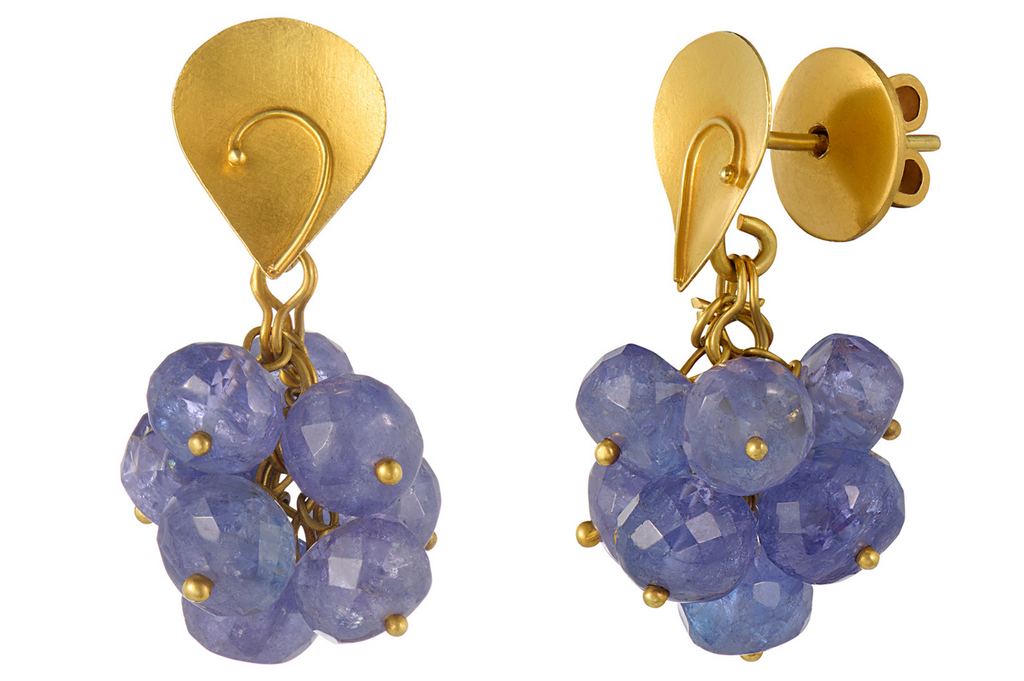 Fine Gold Leaf Top Earrings With Tanzanite