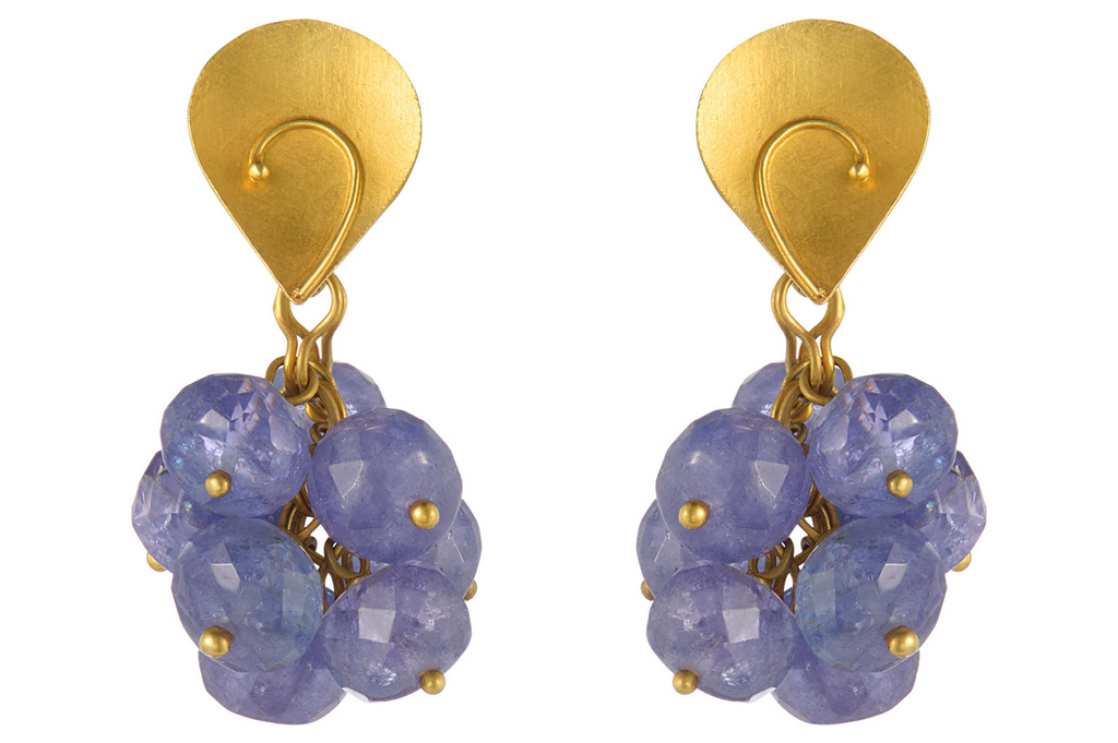 Fine Gold Leaf Top Earrings With Tanzanite