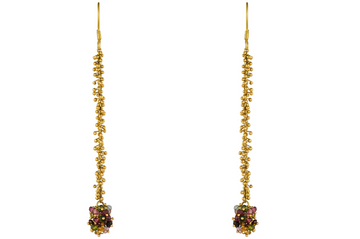 Fine Gold Beaded Drop Earrings With Tourmaline Cluster