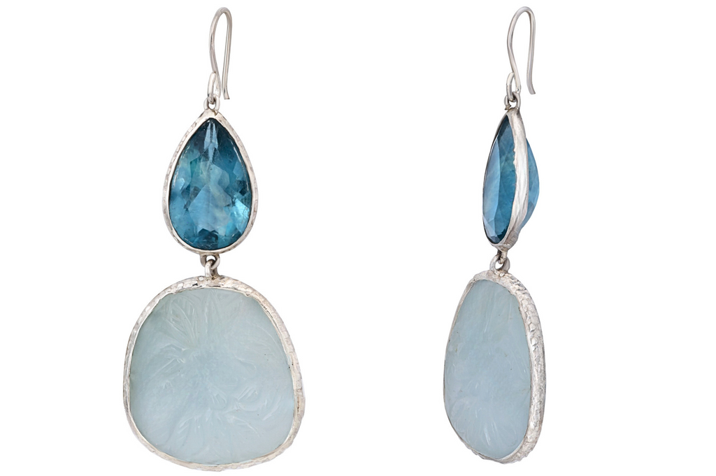 Carved Aquamarine And Faceted Flourite Double Drops