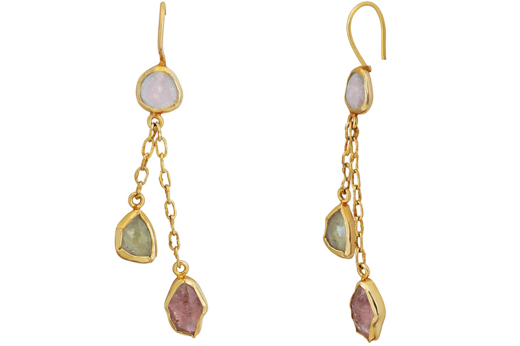 Peachy Pink Tourmaline Wrapped Multi Drop Earrings