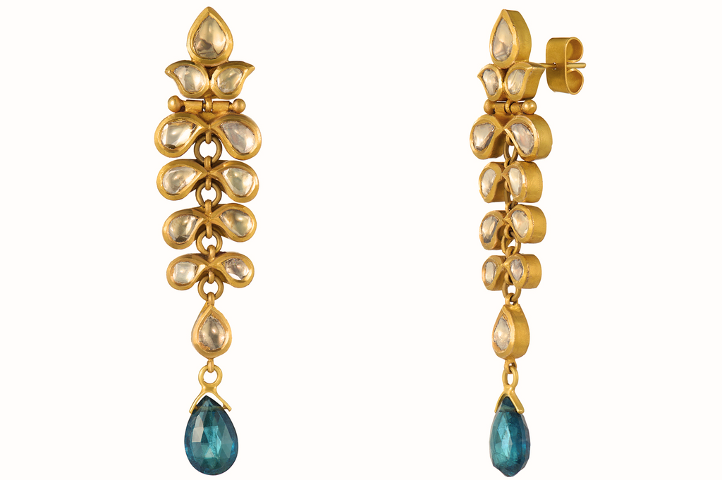 Fine Gold Diamond Earrings with Blue Tourmaline Drops