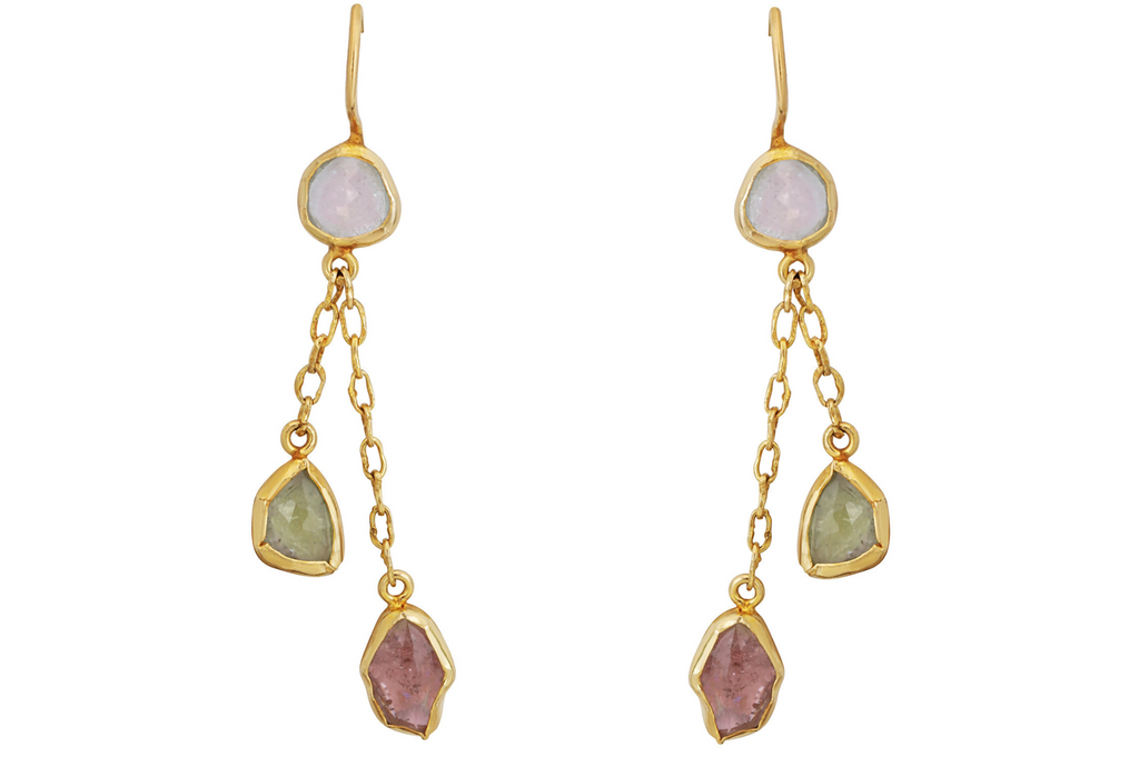 Peachy Pink Tourmaline Wrapped Multi Drop Earrings