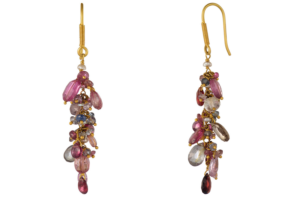 Fine Gold Multi Colour Sapphire & Pearl Beaded Earrings