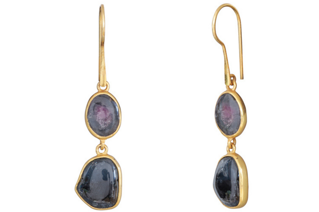 Pebble Teal & Pink Tourmaline Double Drop Earrings