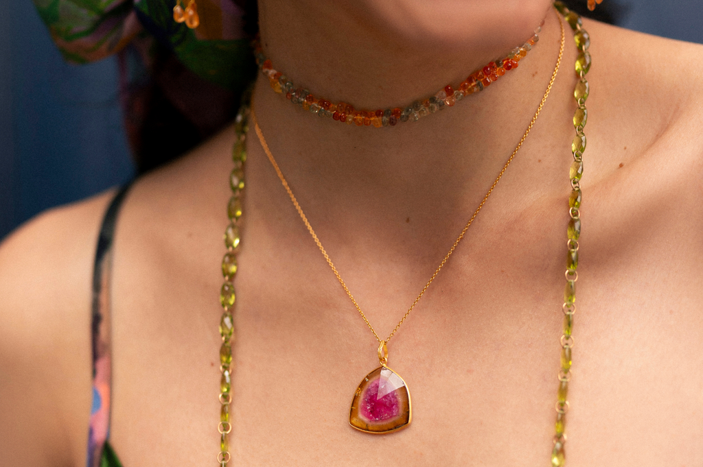 Copacabana Fine Gold & Watermelon Tourmaline Pendant Necklace