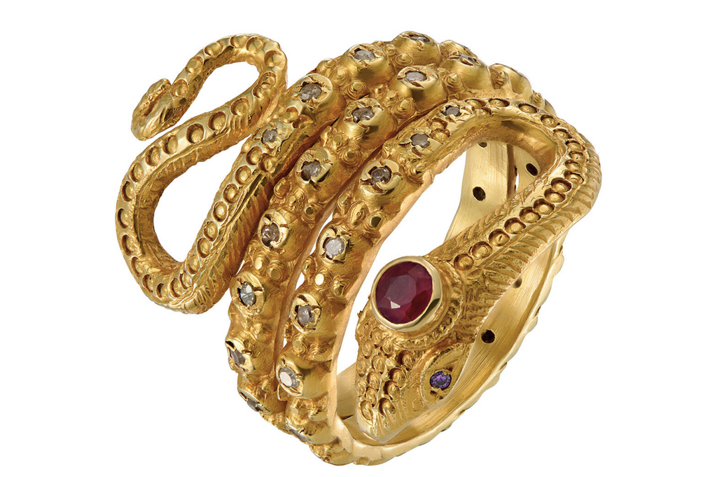 Fine Gold Snake Ring Set With Diamonds & Rubies