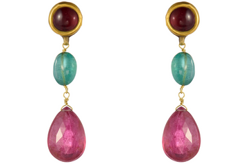 Fine Gold Ruby, Emerald And Tourmaline Earrings