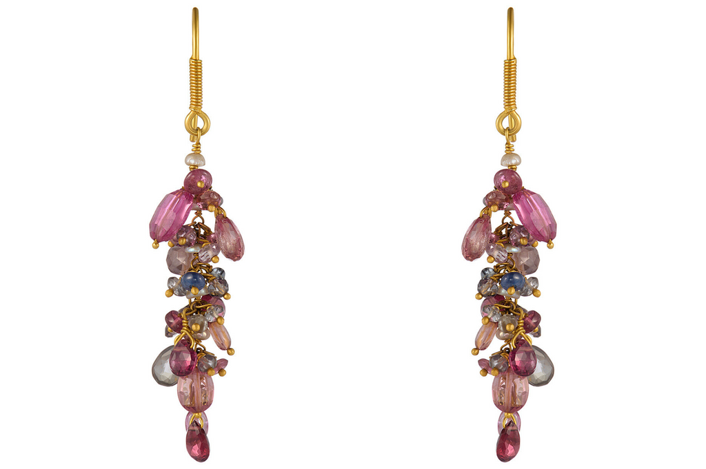 Fine Gold Multi Colour Sapphire & Pearl Beaded Earrings