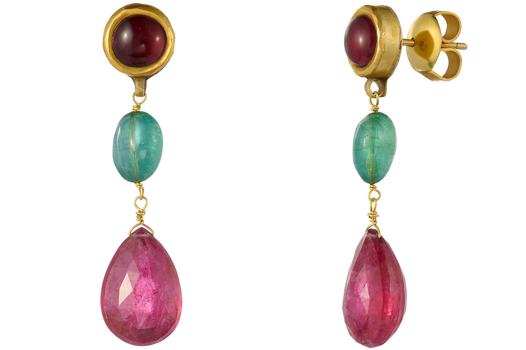 Fine Gold Ruby, Emerald And Tourmaline Earrings